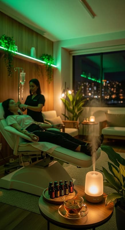 Una persona recibiendo terapia IV en un ambiente relajado y profesional.